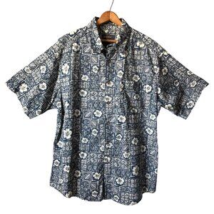 Woolrich Short Sleeve Button-Up Shirt Fish Flowers Navy Cotton Vintage Size XL